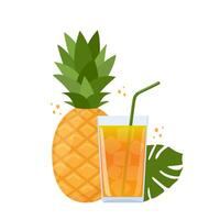 Glass full of pineapple juice with cocktail straw and pineapple fruit. vector