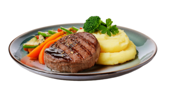 restaurant dish of beef steak with fresh salad, mashed potatoes on a black plate png