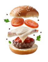 Floating burger with meat, tomato, cheese, lettuce png