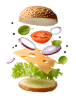 delicioso hamburguesa con volador ingredientes en transaprent antecedentes png