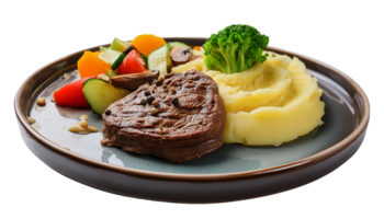 beef steak dish with fresh salad, mashed potatoes and delicious mushroom sauce png
