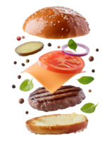 floating burger ingredients on transparent background png