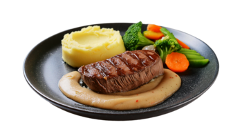 beef steak dish with fresh salad, mashed potatoes and delicious mushroom sauce png