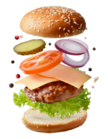 flotante hamburguesa ingredientes en transparente antecedentes png