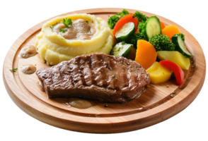 special beef steak dish with fresh salad, mashed potatoes served on a wooden plate png