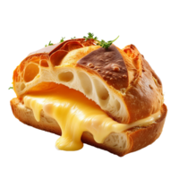 split bread with melted cheese filling on transparent background png