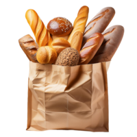 Various types of fresh bread in paper bag packaging png