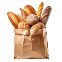 Various types of fresh bread in paper bag packaging png