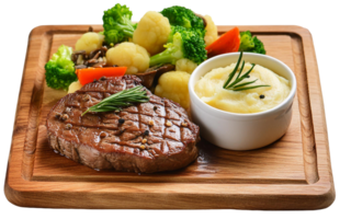 special beef steak dish with fresh salad, mashed potatoes served on a wooden plate png