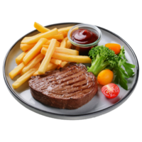 restaurant dish of beef steak with fresh salad, mashed potatoes on a black plate png