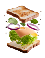 utsökt smörgåsar med flygande Ingredienser på transparent bakgrund png