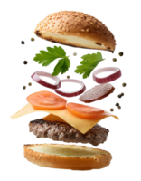 Ingredients of a delicious burger with ground beef patty, lettuce, bacon, onions, tomatoes and cucumbers png