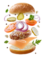 Tasty hamburger with flying ingredients on transparent background png