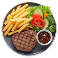 beef sirloin steak served with fresh salad, french fries and barbeque sauce png