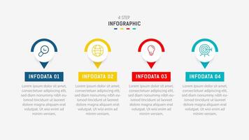 cuatro paso infografía elemento diseño modelo para presentación. proceso diagrama y presentaciones paso, flujo de trabajo disposición, bandera, fluir cuadro, informacion gráfico ilustración. vector