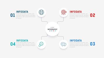 cuatro paso infografía elemento diseño modelo para presentación. proceso diagrama y presentaciones paso, flujo de trabajo disposición, bandera, fluir cuadro, informacion gráfico ilustración. vector