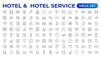 Hotel icons set. Rental property icons. Set of apartment reservation, hotel booking, five-star hotel, service line web icon. Hotel universal set with Building, Parking, Meal, Air conditioner. vector