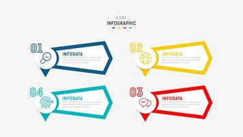 cuatro paso infografía elemento diseño modelo para presentación. proceso diagrama y presentaciones paso, flujo de trabajo disposición, bandera, fluir cuadro, informacion gráfico ilustración. vector