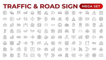 Road and traffic line icons collection. Street, transport, fuel, vehicle, location, car service icons. UI icon set. Thin outline pack. Way direction arrow sign. Roadsigns. Outline icon collection. vector