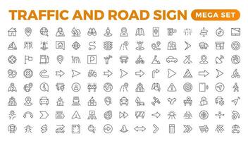 Road and traffic line icons collection. Street, transport, fuel, vehicle, location, car service icons. UI icon set. Thin outline pack. Way direction arrow sign. Roadsigns. Outline icon collection. vector