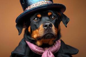 encantador Rottweiler perrito vestido en de moda atuendo en un brillante tarde foto