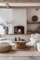 Serene scandinavian loft interior with cozy fireplace and modern design elements photo