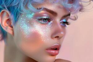 Glamorous pastel sparkle makeup on a stunning woman with short hair at twilight photo