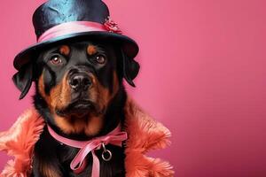 encantador Rottweiler perrito vestido en de moda atuendo en un brillante tarde foto