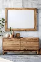 Rustic elegance in a modern loft wooden dresser and blank canvas await inspiration photo
