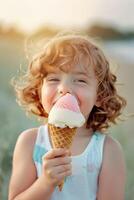 Sunlit summer bliss as a curly-haired child savors a melting ice cream cone photo