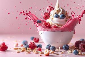 Berry medley on soft serve ice cream splashing in pink bliss photo