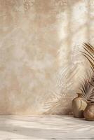 Serene vignette of minimalist vases and shadows in a sunlit beige room photo