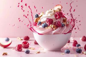 Berry medley on soft serve ice cream splashing in pink bliss photo