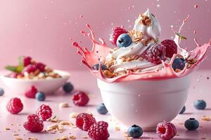 Berry medley on soft serve ice cream splashing in pink bliss photo