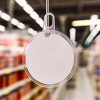 Clear round shelf wobbler in a busy supermarket aisle under bright lights photo