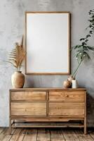 Rustic elegance in a modern loft wooden dresser and blank canvas await inspiration photo