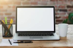 Serene workspace captures early morning productivity with laptop mockup on wooden desk photo