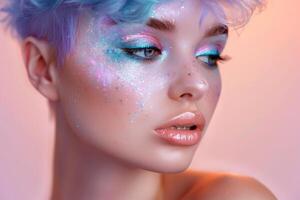 Glamorous pastel sparkle makeup on a stunning woman with short hair at twilight photo
