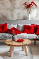 Serene scandinavian-style living space with bold red accents and textural harmony photo