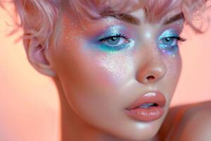 Glamorous pastel sparkle makeup on a stunning woman with short hair at twilight photo