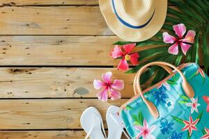 Summer getaway essentials straw hat, tropical beach bag, and hibiscus on wooden table photo