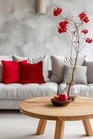 Serene scandinavian-style living space with bold red accents and textural harmony photo