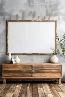 Rustic elegance in a modern loft wooden dresser and blank canvas await inspiration photo