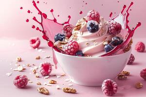 Berry medley on soft serve ice cream splashing in pink bliss photo