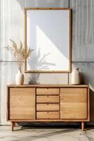 Rustic elegance in a modern loft wooden dresser and blank canvas await inspiration photo