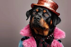 Charming rottweiler puppy dressed in fashionable attire on a bright afternoon photo