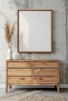 Rustic elegance in a modern loft wooden dresser and blank canvas await inspiration photo