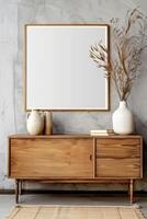 Rustic elegance in a modern loft wooden dresser and blank canvas await inspiration photo