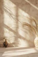 Serene vignette of minimalist vases and shadows in a sunlit beige room photo