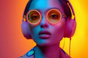 Captivating neon dreamscape with futuristic fashion and headphones at dusk photo